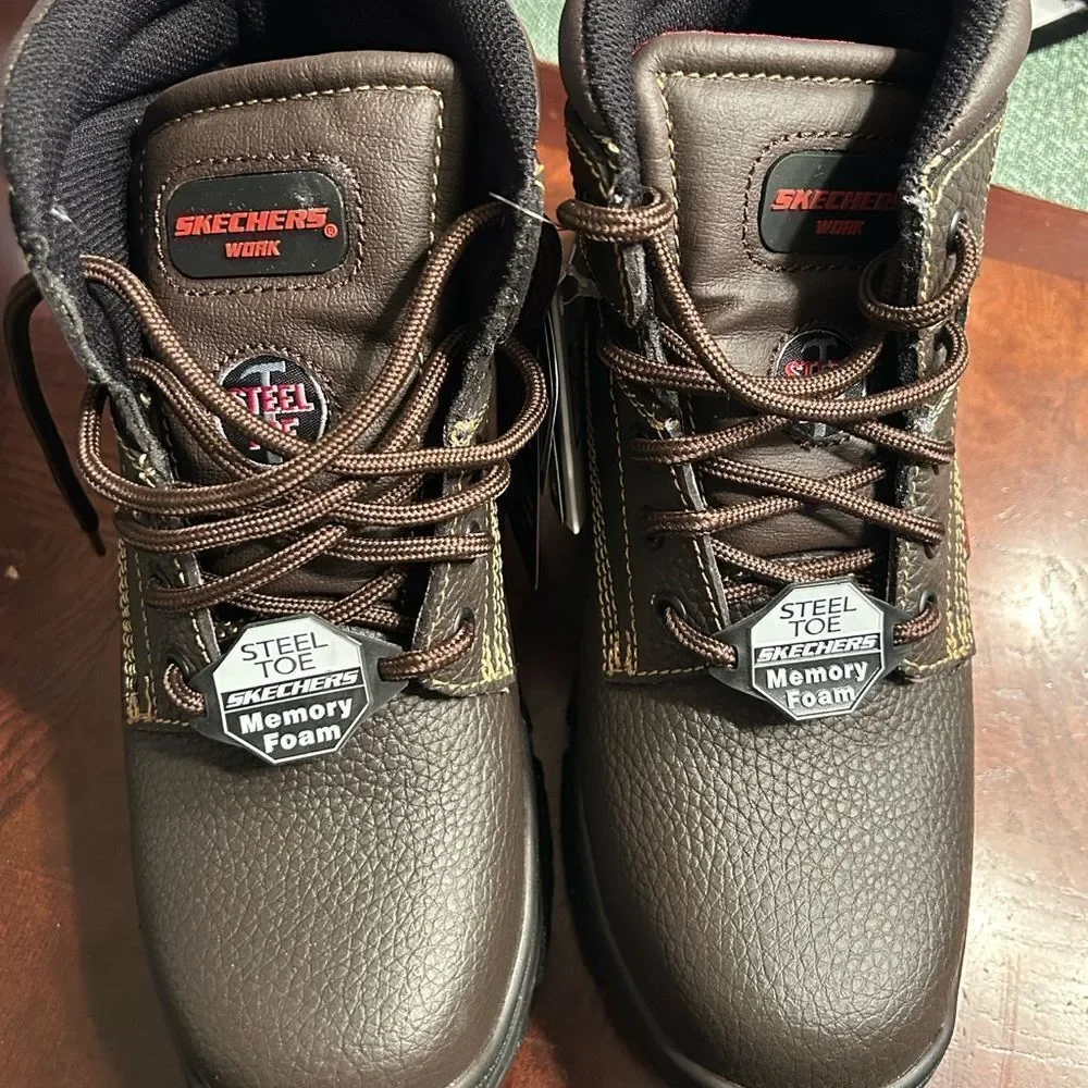 Skechers Men's Dark Brown Safety Steel Toe Leather Boots(Size 7.5)
